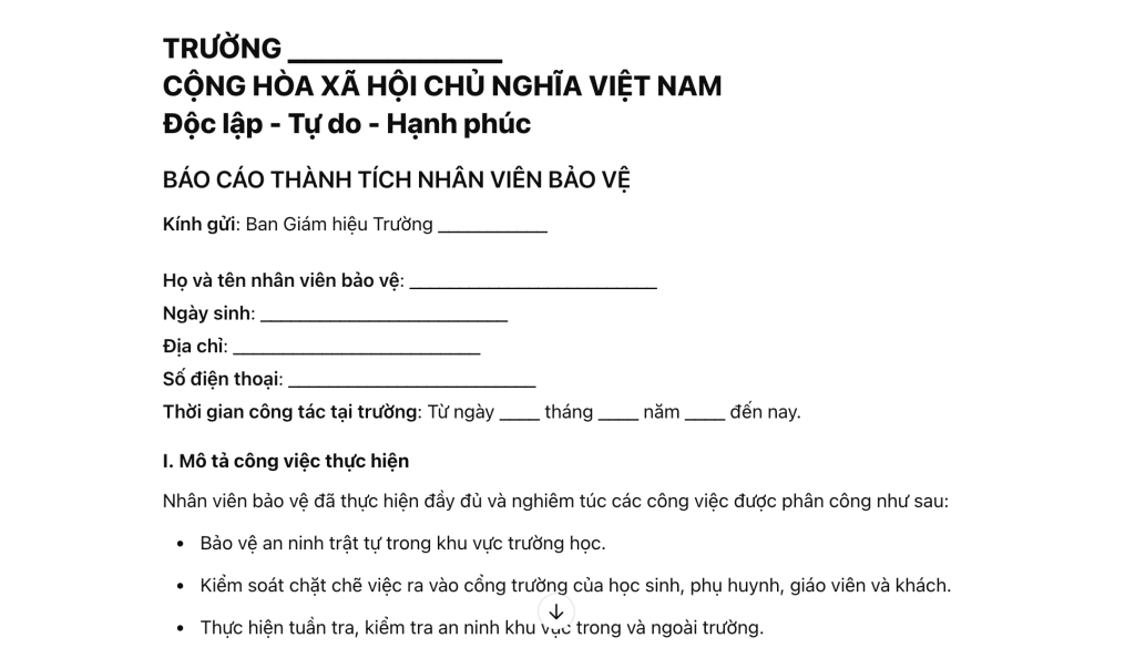 Báo cáo thành tích của nhân viên bảo vệ trường học